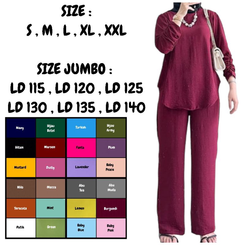 SETELAN ATASAN + CELANA SIZE S,M,L,XL,XXL & JUMBO LD 115,LD 120,LD 125,LD 130, LD 135, LD 140 HIJAB 