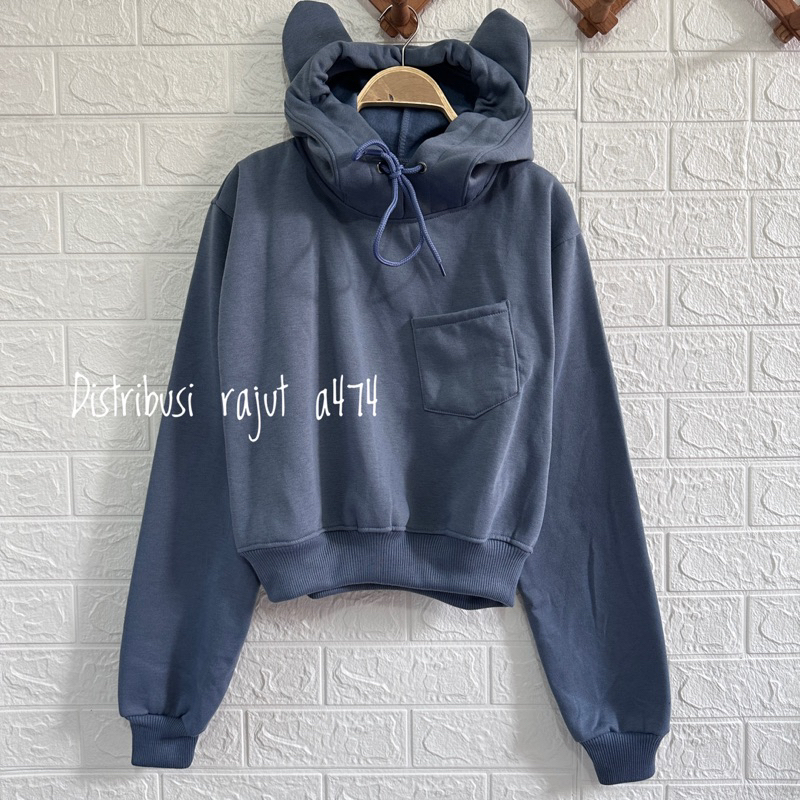 DYH CROP HOODI SAKU POLOS  MOTIF TUDUNG BEAR BAHAN FLEECE TEBAL WANITA