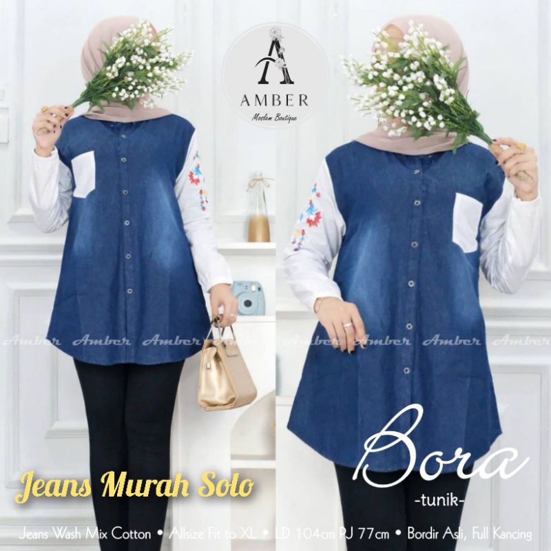 Bora Tunik Jeans Wanita Muslim Terbaru Ld 104 Pb 77 Full Kancing Aktif Saku Depan Kualitas Hq