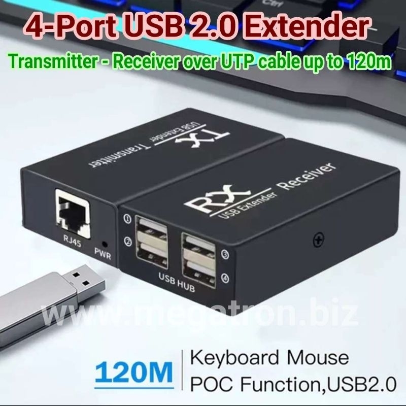 4 Port USB 2.0 extender via UTP LAN cable RJ45 - up to 120 meter