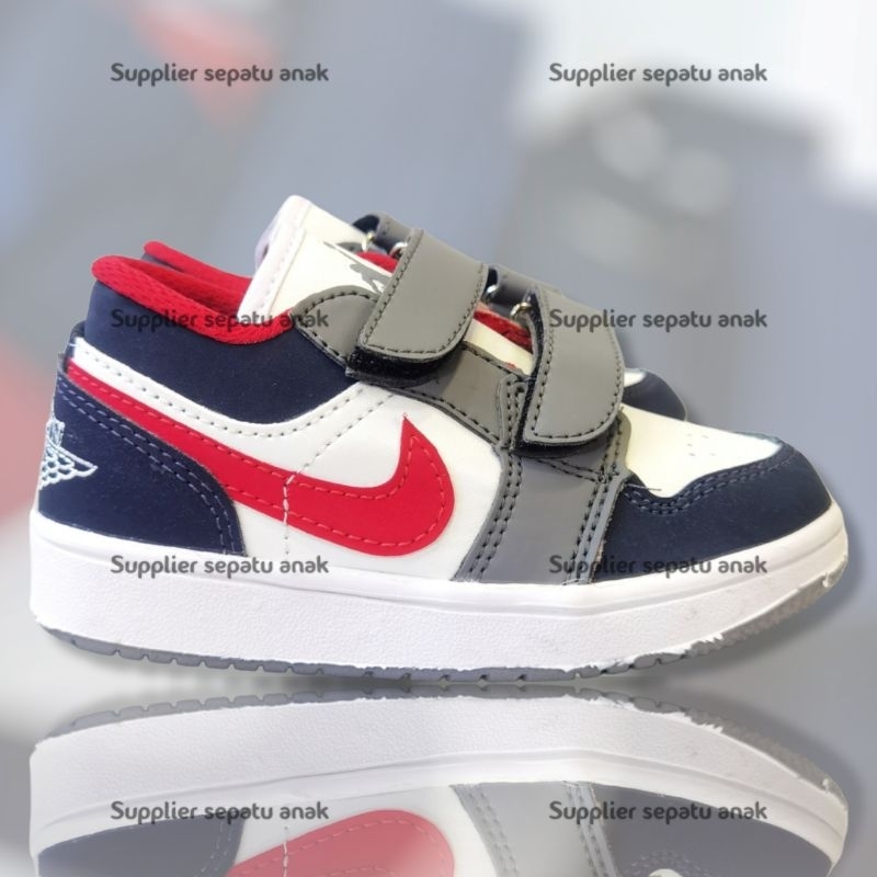 sepatu sneakers anak kids sekolah nike jordan 1 low velcro perekat navy abu merah cewek cowok 26-35