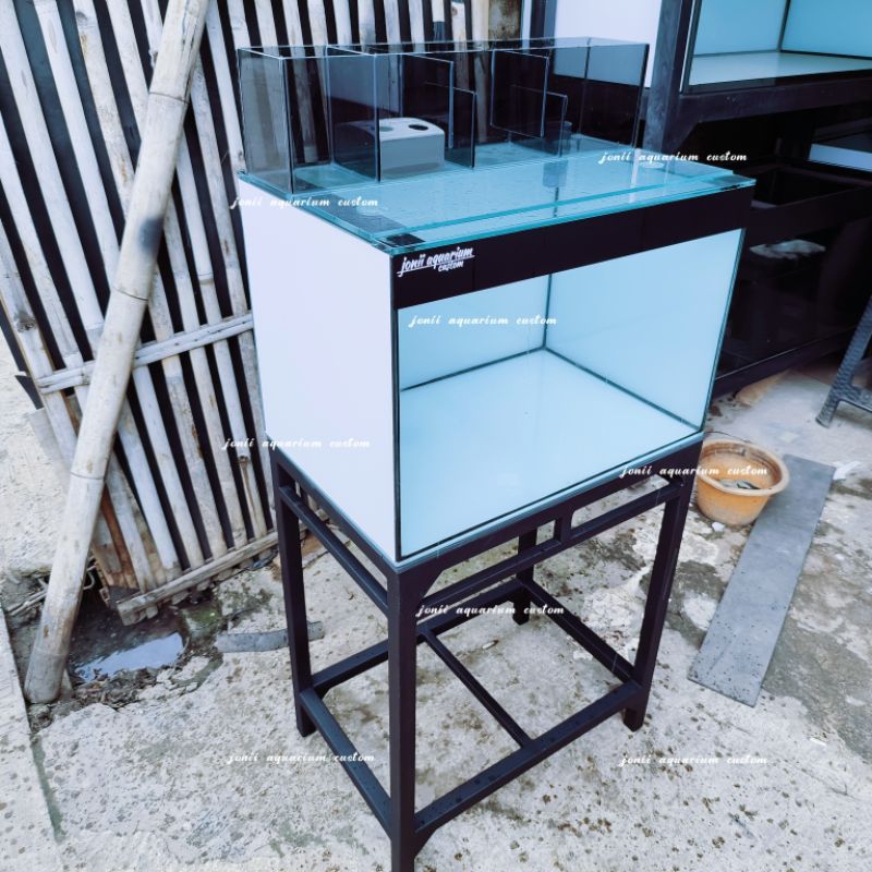 aquarium 60x40x40 8/5mm full stiker putih set filter talang pvc dan tutup aquarium kaca