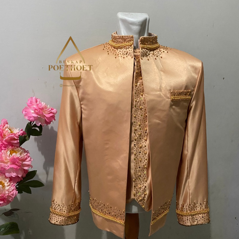 Jas beskap pengantin Sunda muslim gold muda payet mutiara elegan set celana