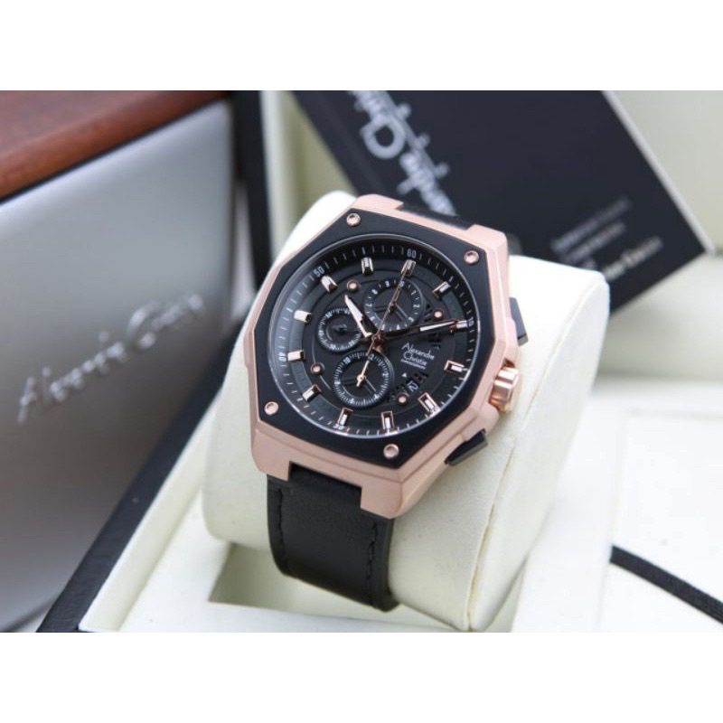 Jam Tangan Pria Alexandre Christie AC 6599 MC LBRBA Chronograph Men Black Dial Black Leather Strap
