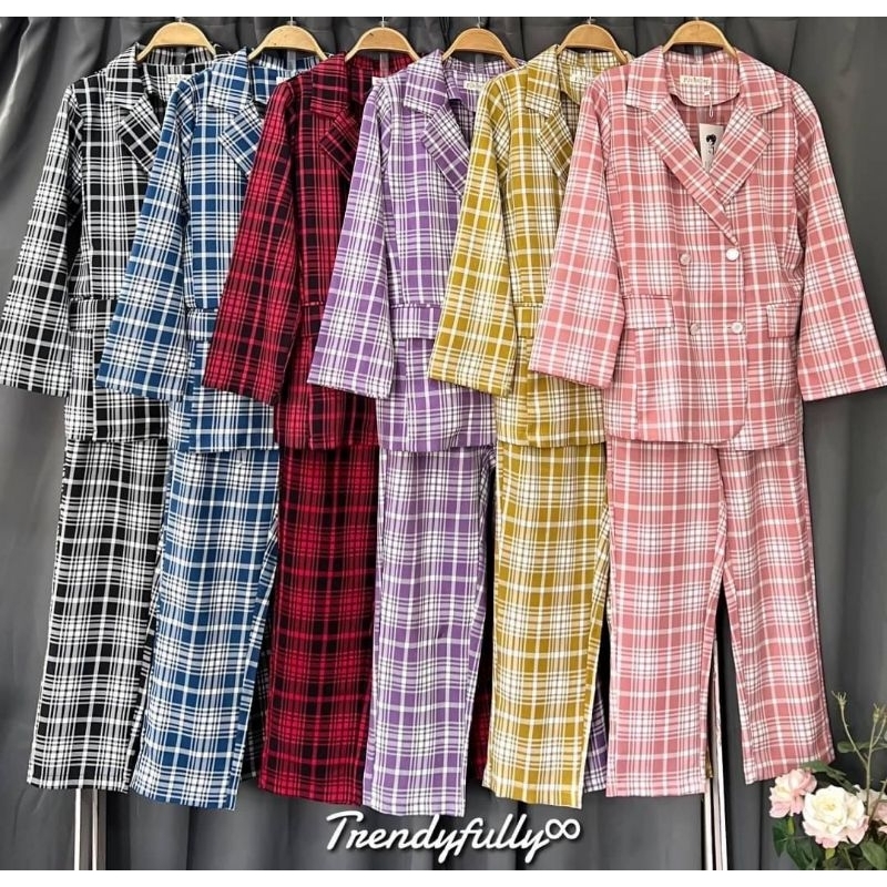 BJ - Set blazer 2 in 1 celana panjang motif kotak PREMIUM BUTTON 870 import Bangkok | 372