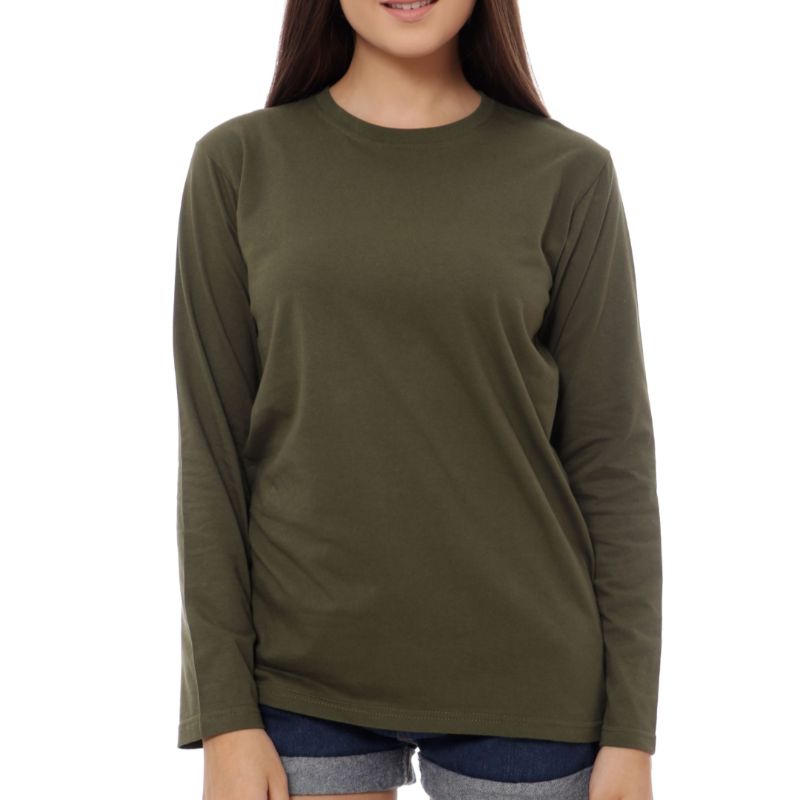 KAOS POLOS LENGAN PANJANG LONG SLEEVE T-SHIRT ARMY HIJAU WANITA CEWEK PREMIUM DISTRO JUMBO PESANAN C