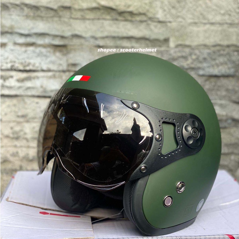 helm vespa hijau army dop + visor