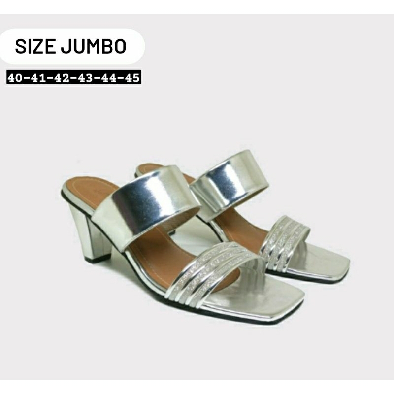 Sepatu Heels Pesta Kaki JUMBO 40-45 / Slop Hak chunky Wanita 7Cm BIG Size besar Sepatu Weeding Glamore JUMBO Silver, 42