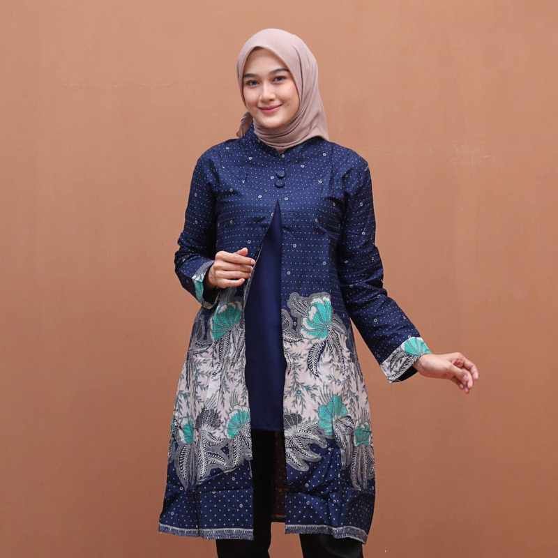 Atasan Couple Tunik Batik Bahan Kain Katun - Motif Teana Navy