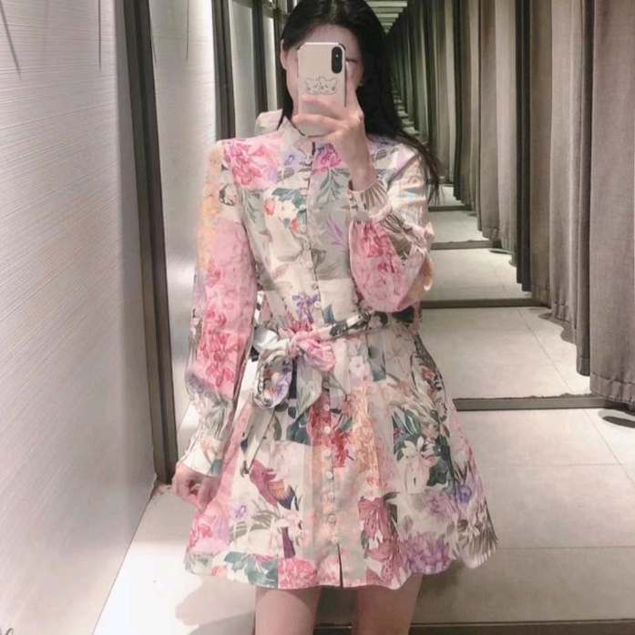 4980 Baju minidress TUNIK, mini dress lengan panjang floral pink busui dres Korea Korean style premi