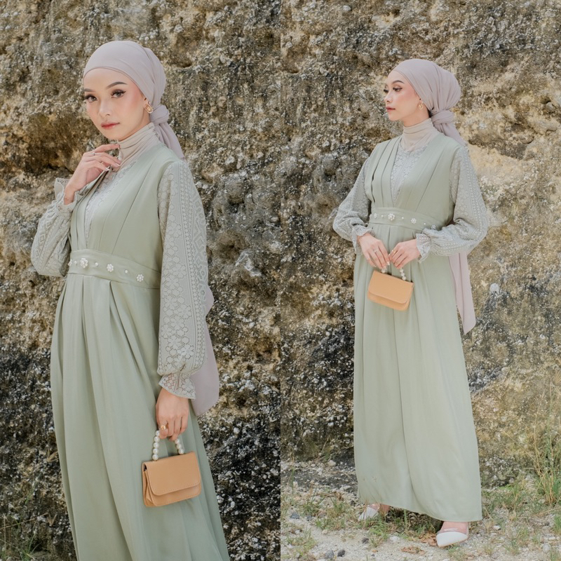NARIN DRESS | READY STANDART & JUMBO| BRIDESMAID | GAMIS BRUKAT | DRESS BRUKAT HIJAU SAGE | GAMIS KO