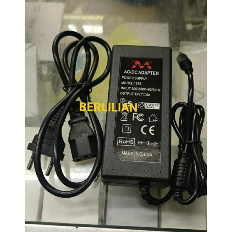 Adaptor DC 15V 5A model 1575 input AC 100-240V merek M