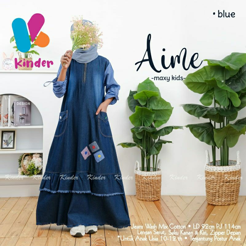 Riana Baju Gamis Anak Perempuan Tanggung Usia 10-12 Tahun LD 90 Maxi Jeans Kids Syar'i Kotak Kotak M
