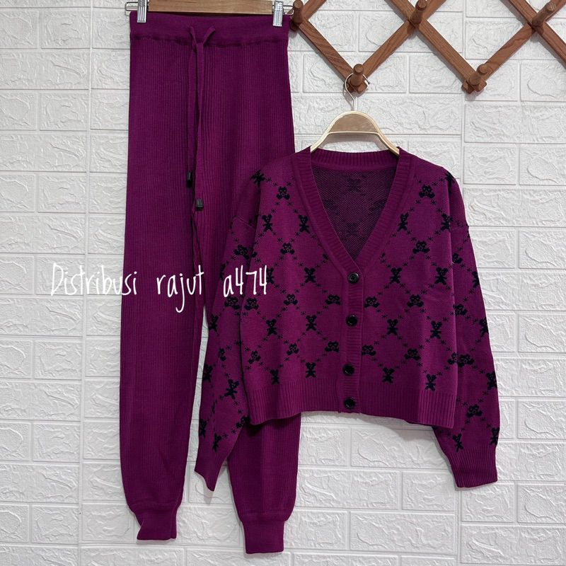 ONESET CARDIGAN RAJUT MLB MONOGRAM SETELAN CELANA KULOT JOGER WANITA