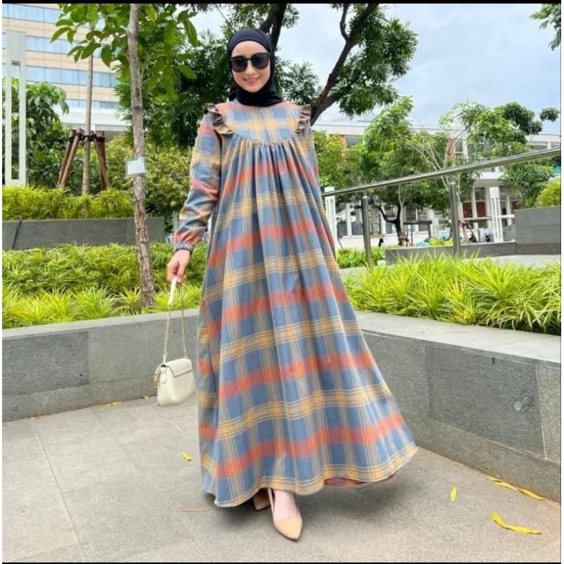 long dress maxi terbaru/baju gamis wanita dewasa/long dress motif kotak-kotak/baju wanita lengan pan