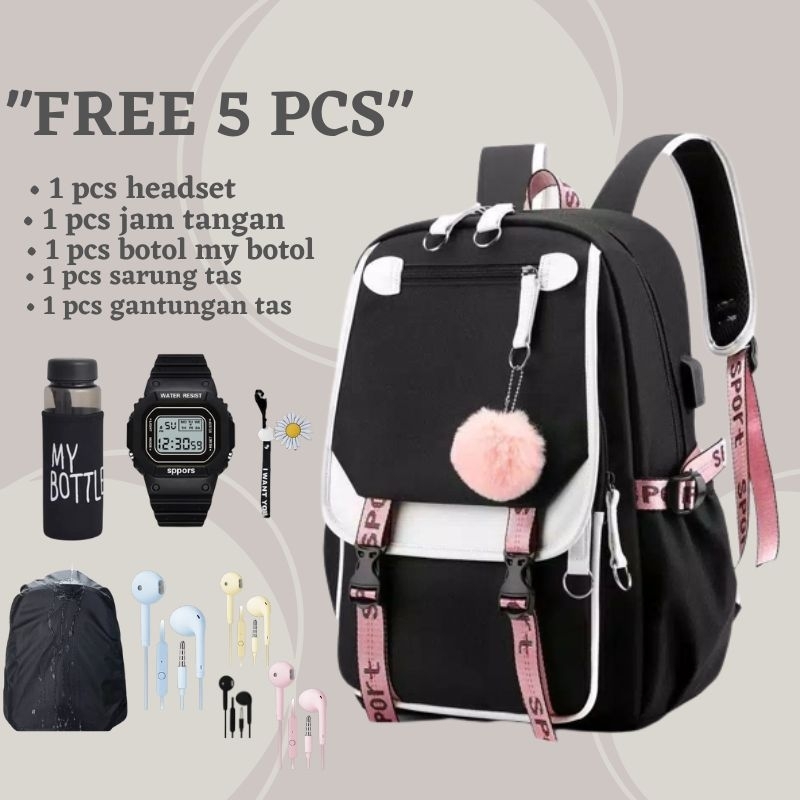 (COD)Tas Ransel free pompom Love Tas Ransel Backpack Cocok untuk Segala Tema Tas Sekolah Anak Perempuan