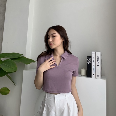 Kelly Polo Zipper Top / Top Polo Wanita / Crop Top Korean / Blouse Wanita