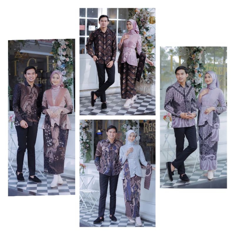 JTR AVEENA SETELAN BAJU COUPLE KEBAYA BATIK PREMIUM BROKAT TILLE MODEL SLEMPANG BAJU SARIMBIT KONDAN