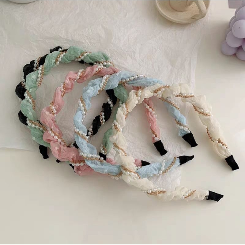 Bando Scrunchie Lilit Rantai Mutiara Bahan Sifon 2cm Korean Chiffon Pearl Headband Aksesoris Rambut Wanita Bando Korea Mutiara