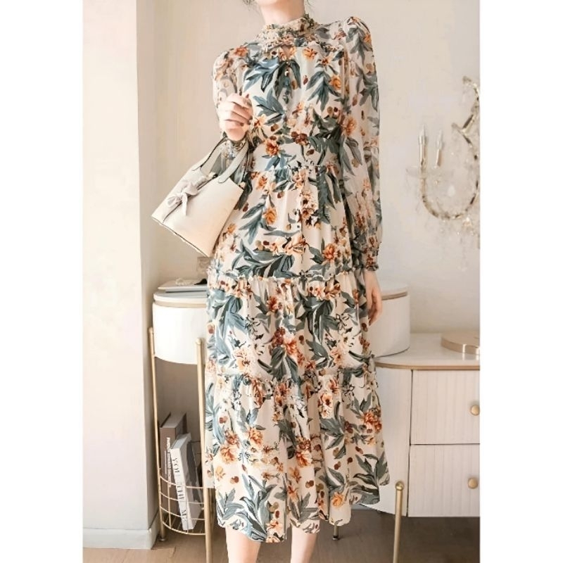 Special New DESTINA Floral Dress Lengan Panjang Glamor Murah - Gaun Midi Bahan Sifon Import Motif Bu