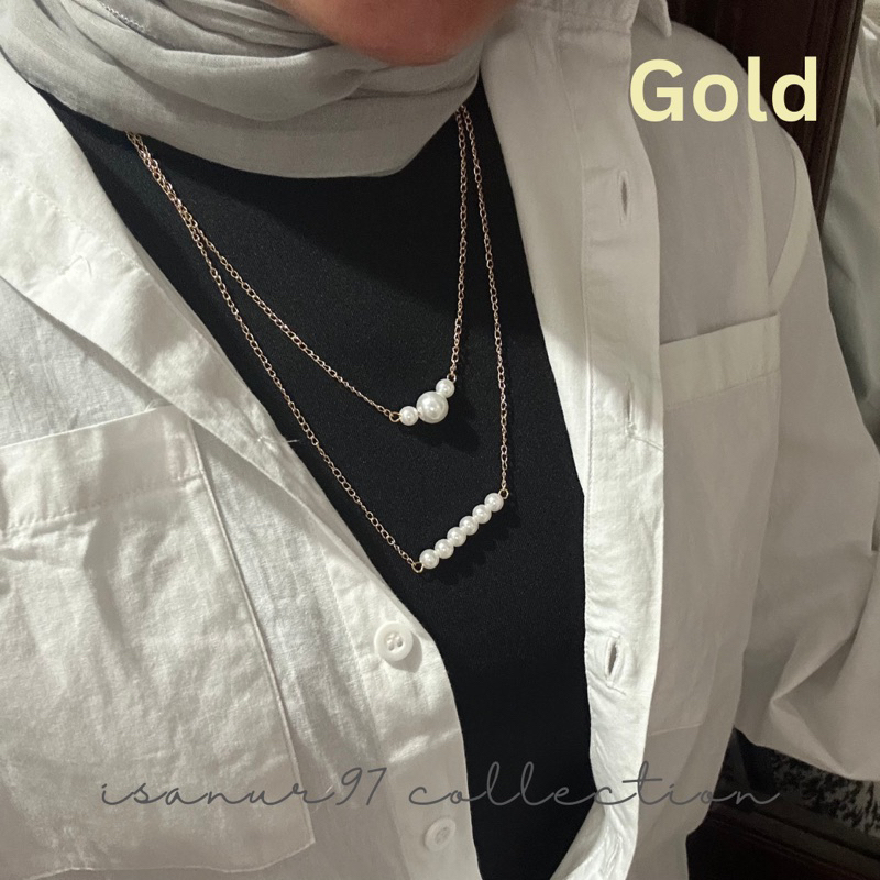 ISANUR97 Kalung Hijab Wanita 2 Layer Kalung Rantai Mutiara Korean Style Aksesoris Perhiasan Cewe  Kalung Hijab Jilbab Elegan 2 Layer Korean Style Aksesoris Perhiasan Cewe