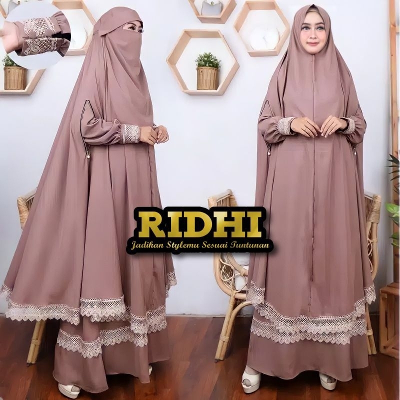 (Mocca) Set Setelan Gamis Malaika lengan khimar Resleting Bolong Roundhand zipper Renda free cadar b
