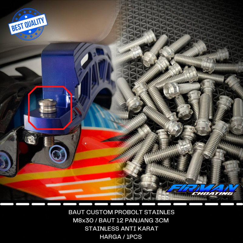 BAUT CUSTOM PROBOLT M8x30 DRAT 12 3CM STENLIS ANTI KARAT (Harga/1biji)