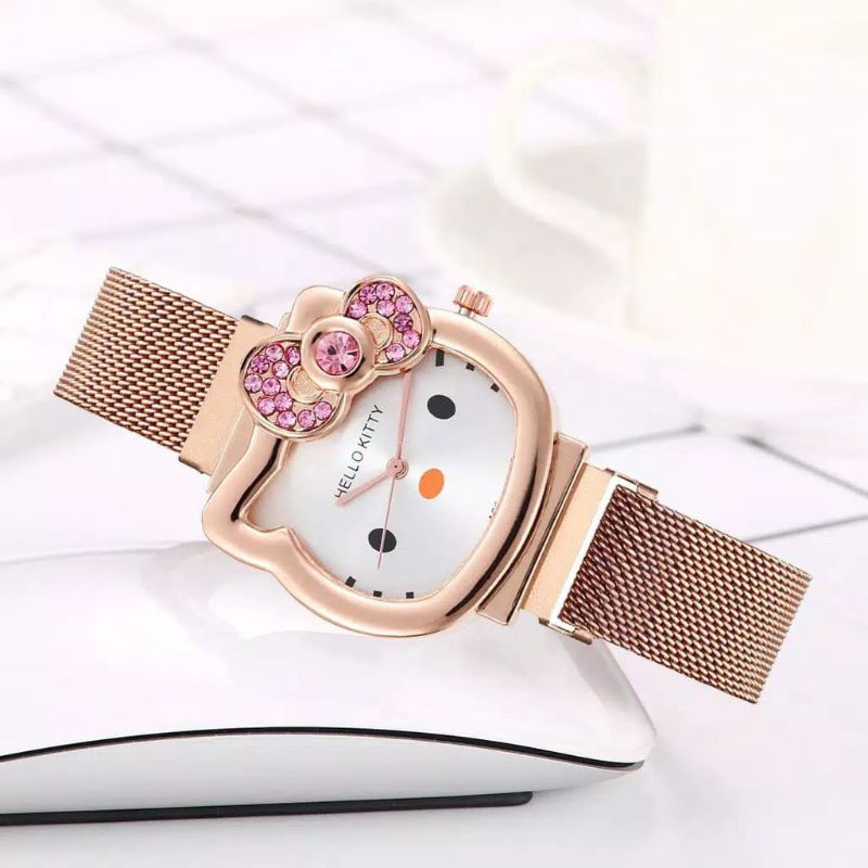 (Terima Cod)Jam Tangan Wanita Hellow Kitty Strap Magnet/Stell(Dikirim Jakarta)