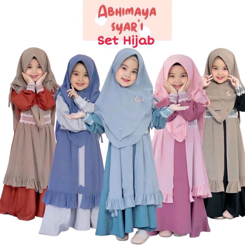 Abhimaya Dress Kids Aplikasi Renda Full Puring Fit L-XL-XXL( L usia 4-6 thn )( XL 7-10 thn )( XXL 10-14 thn ) Sett khimar Gamis anak Perempuan Bahan Ceruty Gaun Cantik Anak Kekinian Fashion Kidts Terbaru Dres