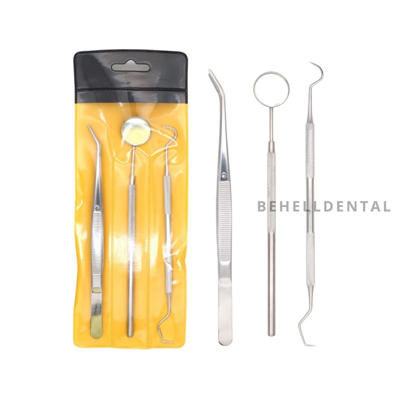 ALAT PEMBERSIH KARANG GIGI PLAK [ BESI ] Sonde Pinset Behel Bracket Kaca Mulut Set Instrument Mini Kit 3