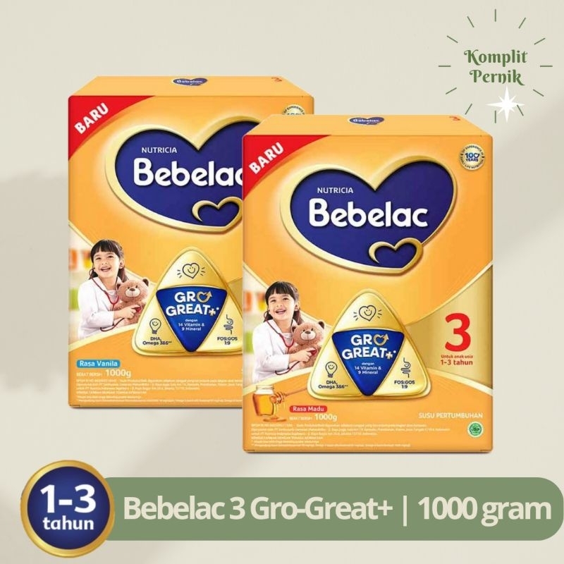 BEBELAC 3 GRO GREAT+ SUSU PERTUMBUHAN ANAK 1-3 TAHUN 1 KG / 1000 G VANILA / MADU - SUSU BEBELAC - SU