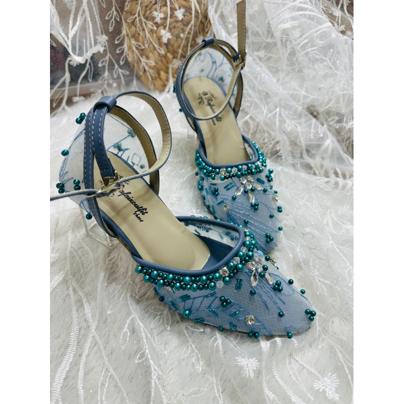 sepatu Zaneta wedding iceblue wanita 7cm kaca