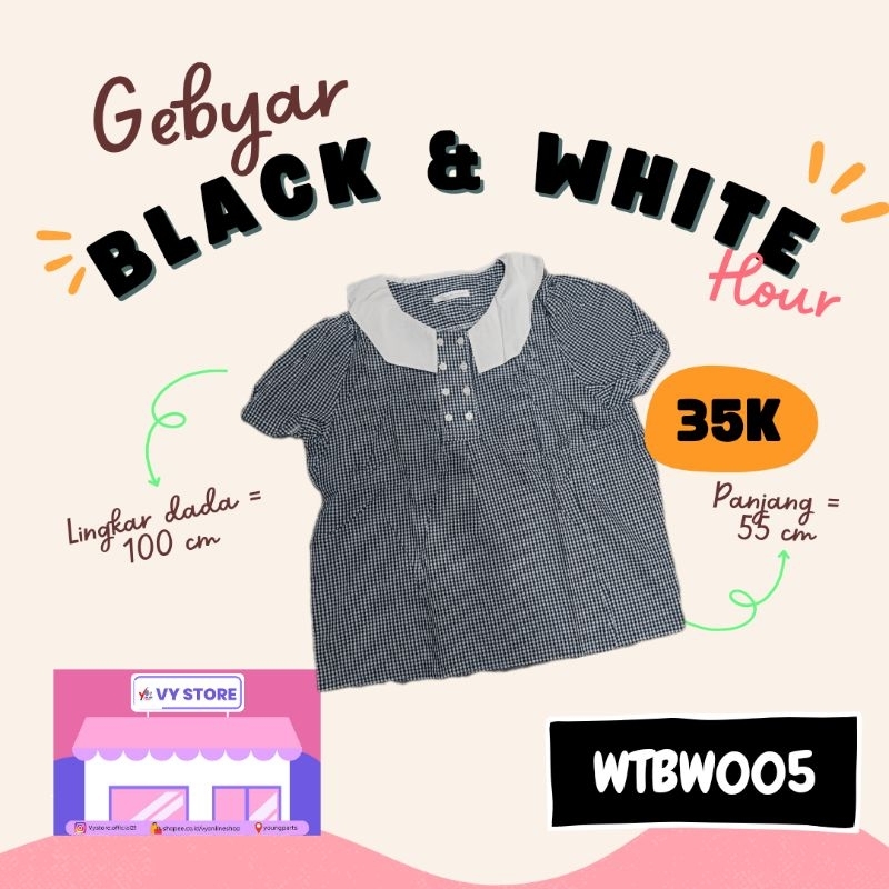 BLOUSE HITAM KOTAK-KOTAK KERAH PUTIH