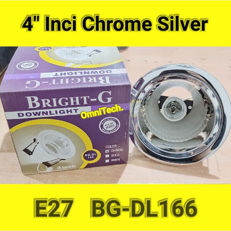 Kap Kop Rumah Fitting Lampu Downlight 4" Inci E27 Chrome Silver Kilap Bright G Down Light 10cm