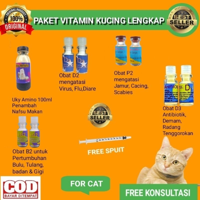 Vitamin Kucing Uky Amino 100ml ,Obat Anti Virus D2, Obat Anti Parasit P2 , Obat Antibiotik D3, Obat 
