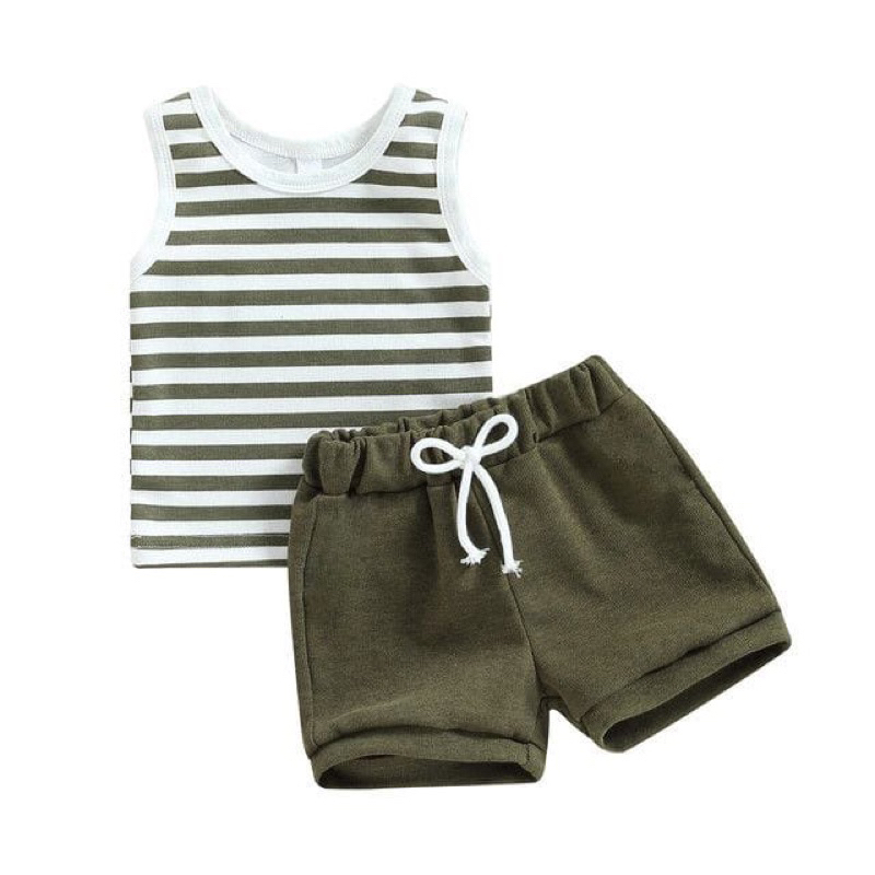 Setelan Anak Army Salur Casual Todler Anak 1-3 Tahun / Set Anak Laki Laki