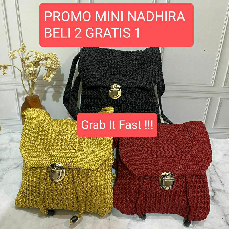 PAKET Isi 3 Tas Selempang Rajut Mini Nadhira, Misha, dan tas Serut