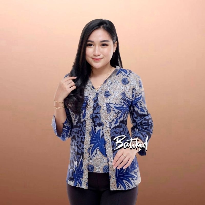 Batikid - Atasan Batik Wanita - Blouse Bolero Kekinian - Nanas Biru Abu