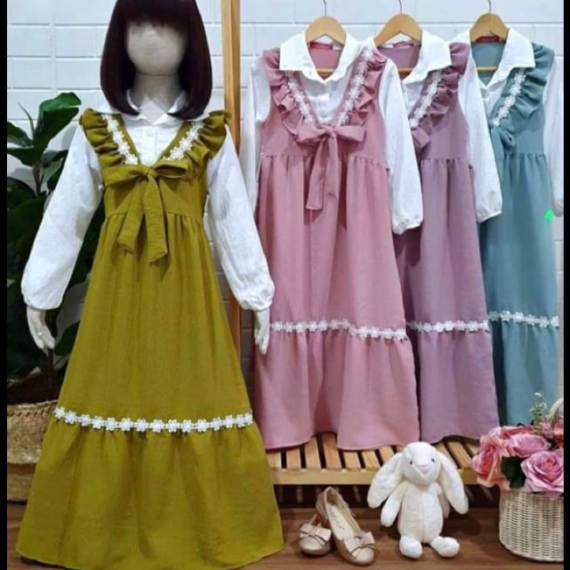 Gamis Anak 2 3 4 5 6 Tahun Anak Cewek Perempuan Crinkle renda putih lucu pita kekinian Muslim anak ( Gamis Pinda )