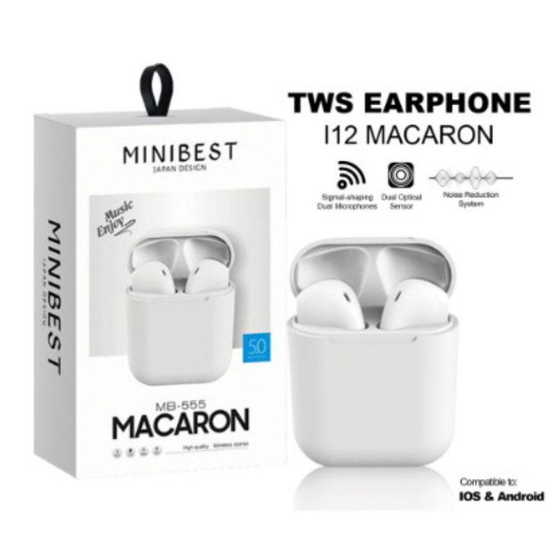 Hendset TWS I 12 Wireless V50 TWS i12 Macaron Putih NON KABEL X7T9 Headset bluetooth Airphone Berkualitas Heandset Erpon High quality