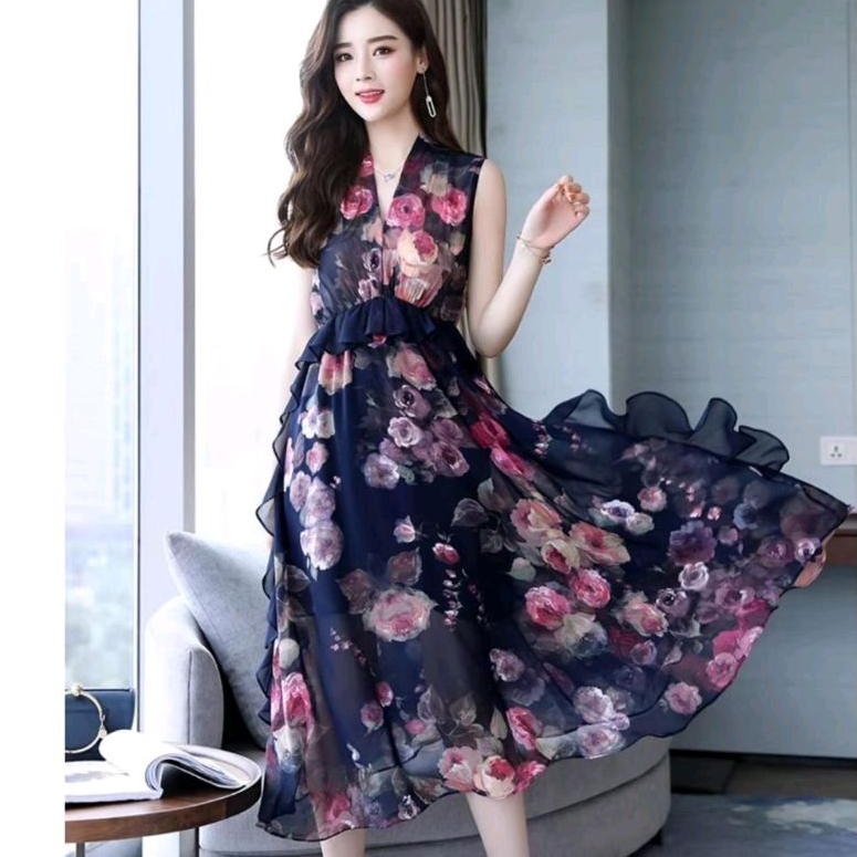 12511 Baju Mididress RAFFLED VNECK TANPA LENGAN lekbong bunga floral flower dres Korea Korean style 