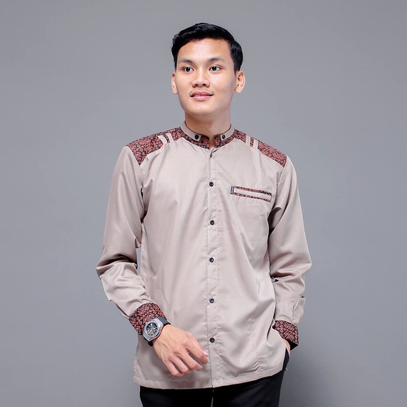 Baju Koko Lengan Panjang Kombinasi Batik Original Elrumi Toyobo Premium Slimfit Casual Warna Maroon