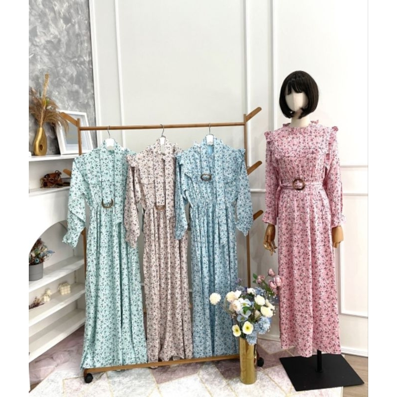 ⚡️CLEARANCE SALE ♡ PREMIUM ♡ ORIGINAL ! ANNISAH SHABBY GAMIS SQUARE RUFFLE FLOWERY LONG SLEEVE MAXI LONG DRESS ( HIJAB FRIENDLY )