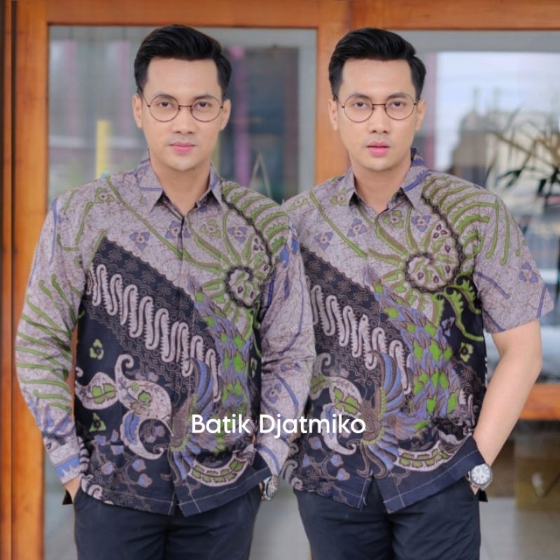 Kemeja Batik Abu Green Hem Batik Lengan Panjang Pendek Jumbo Regular
