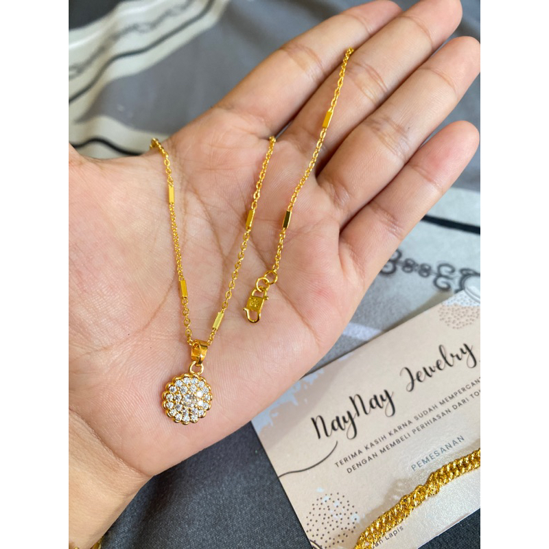 Kalung koin medan balok halus lapis emas 24k / bulat mata zicron full