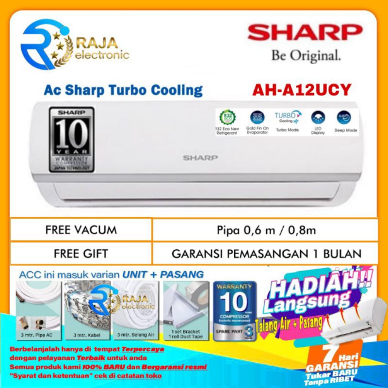 AC SHARP 11/2 PK AH-A12UCY TURBO COOL R32 + INSTALASI PEMASANGAN