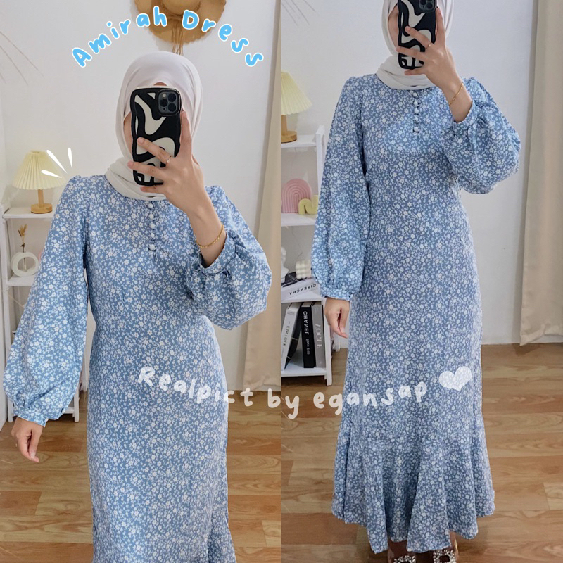 Amirah Dress 1 | Premium Korean Vintage Dress Duyung Bunga Lengan Balon Slimfit Maxi Shakila