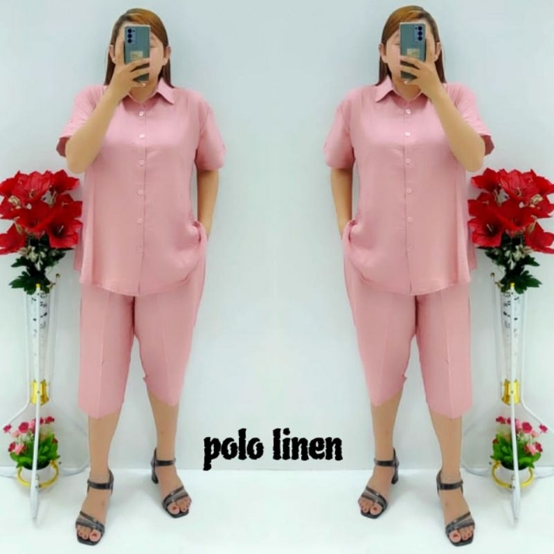 CNC - Stelan Wanita Dewasa Terbaru/Stelan 7/8 Kemeja Polo Linen Polos Standar Dan Jumbo