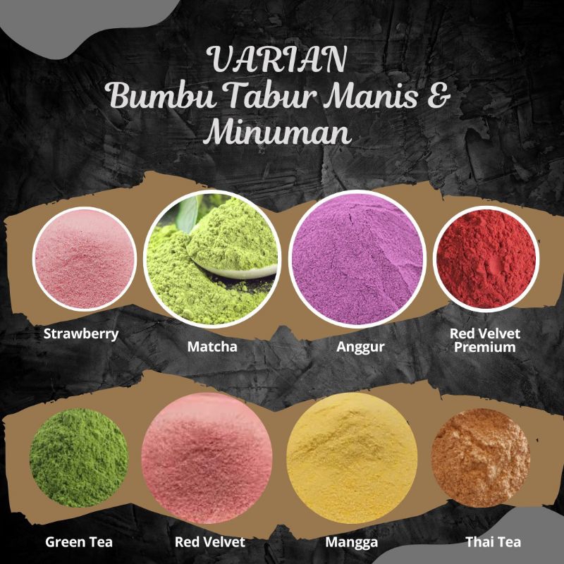 

Bumbu Tabur Manis 100 Gram - Greentea - Matcha - Strawberry - Coklat - Mangga - Taro - Dark Coklat - Susu Original