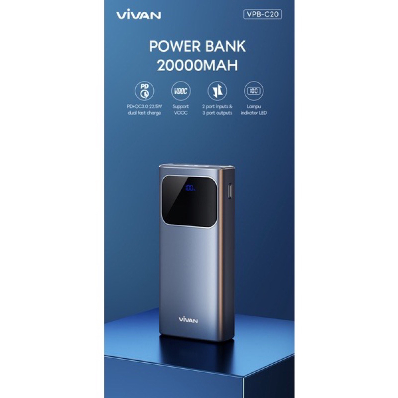Vivan Power Bank VPB-C20 Powerbank 20000mAh 3 Output Fast Charging 22.5W PD QC 3.0 Support VOOC Garansi Original by sen